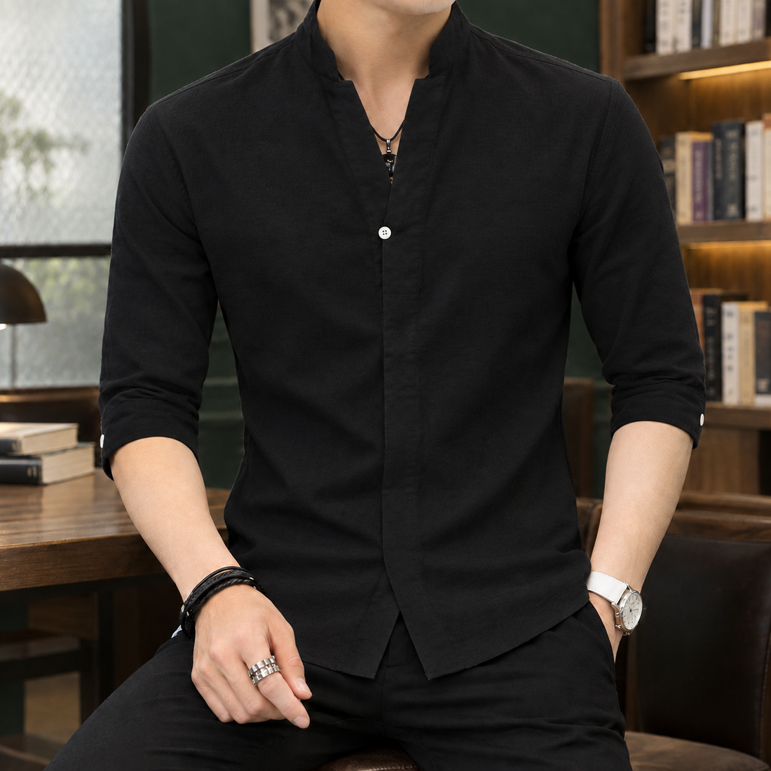 Pascal-Rhys Stand Collar Shirt - Black
