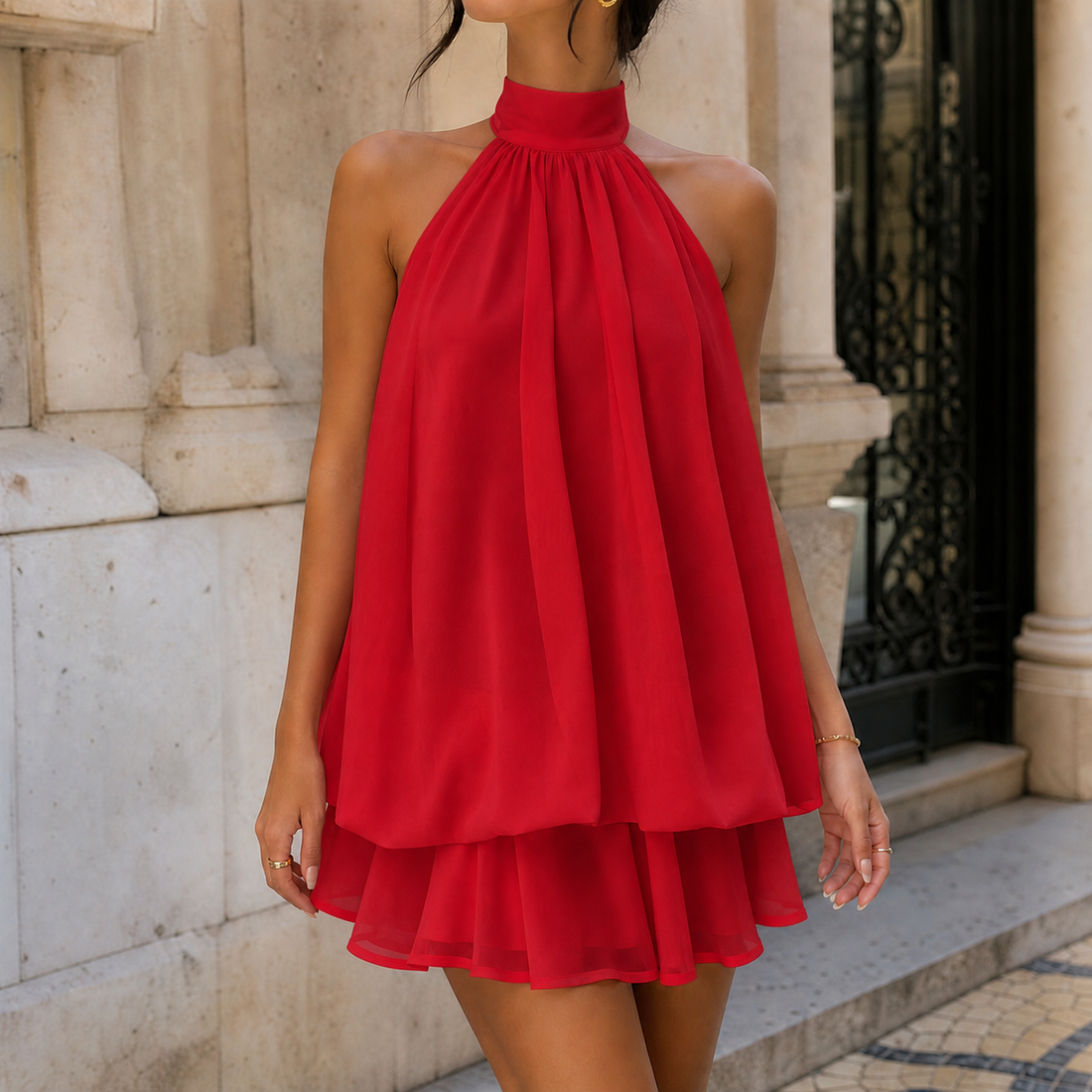Ilaria-Hope Layered Halter Dress - Red