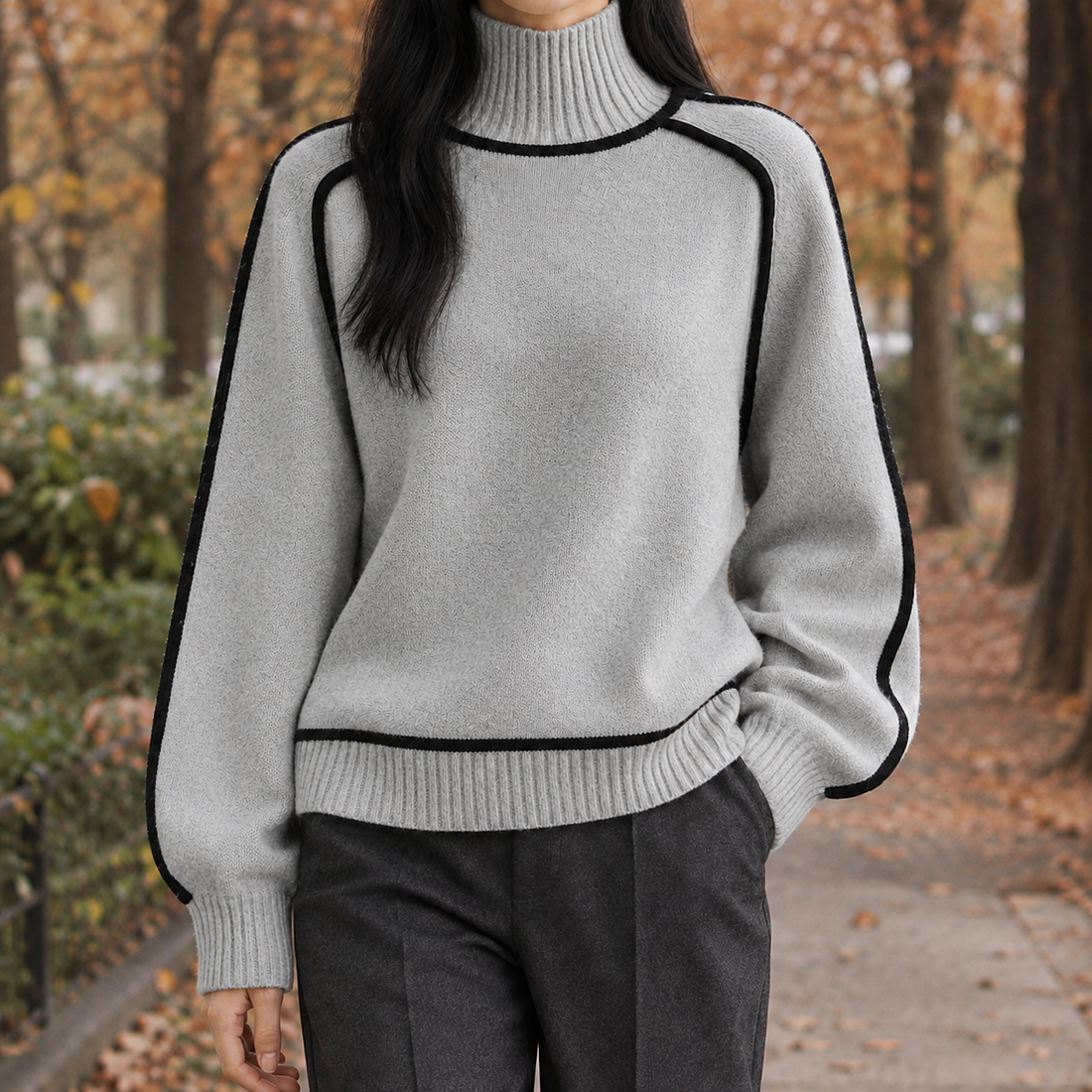 Maeve-Hope Contrast Trim Sweater - Light Gray