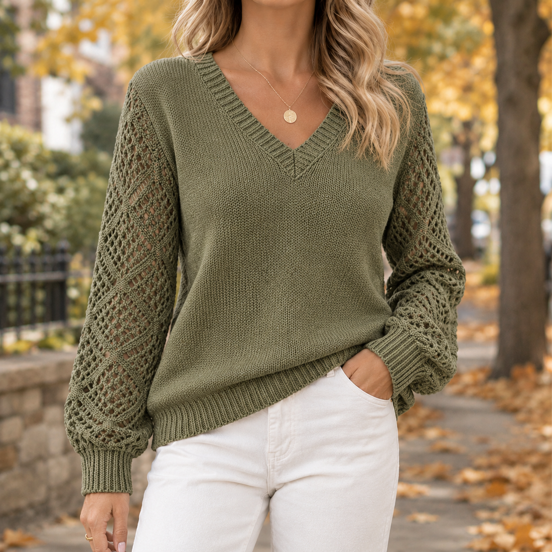 Solene-Pearl Openwork Sweater - Olive
