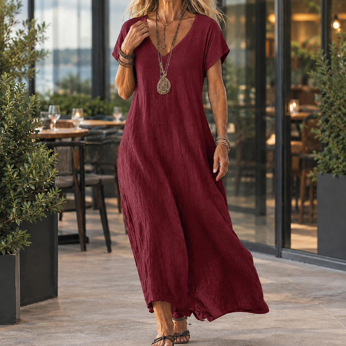 Oriane-Sage Relaxed Maxi Dress - Wine Red