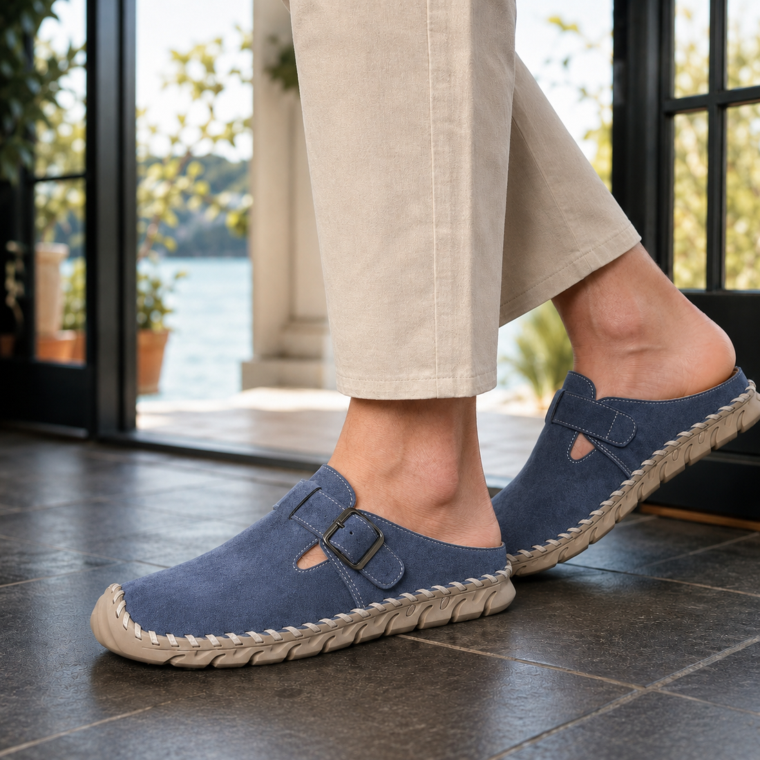 Tavelli Buckle Mules - Sea Blue