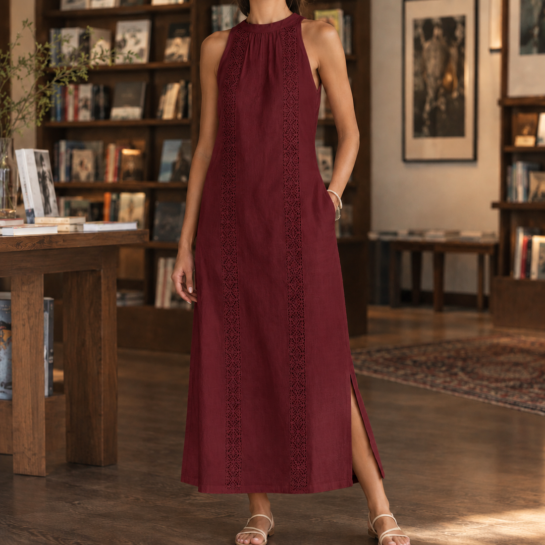 Vera-Kate Lace Panel Dress - Wine Red