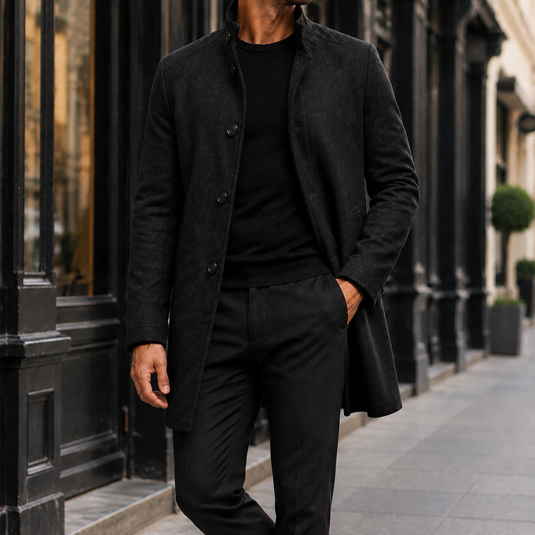 Casimir Stand Collar Overcoat - Black