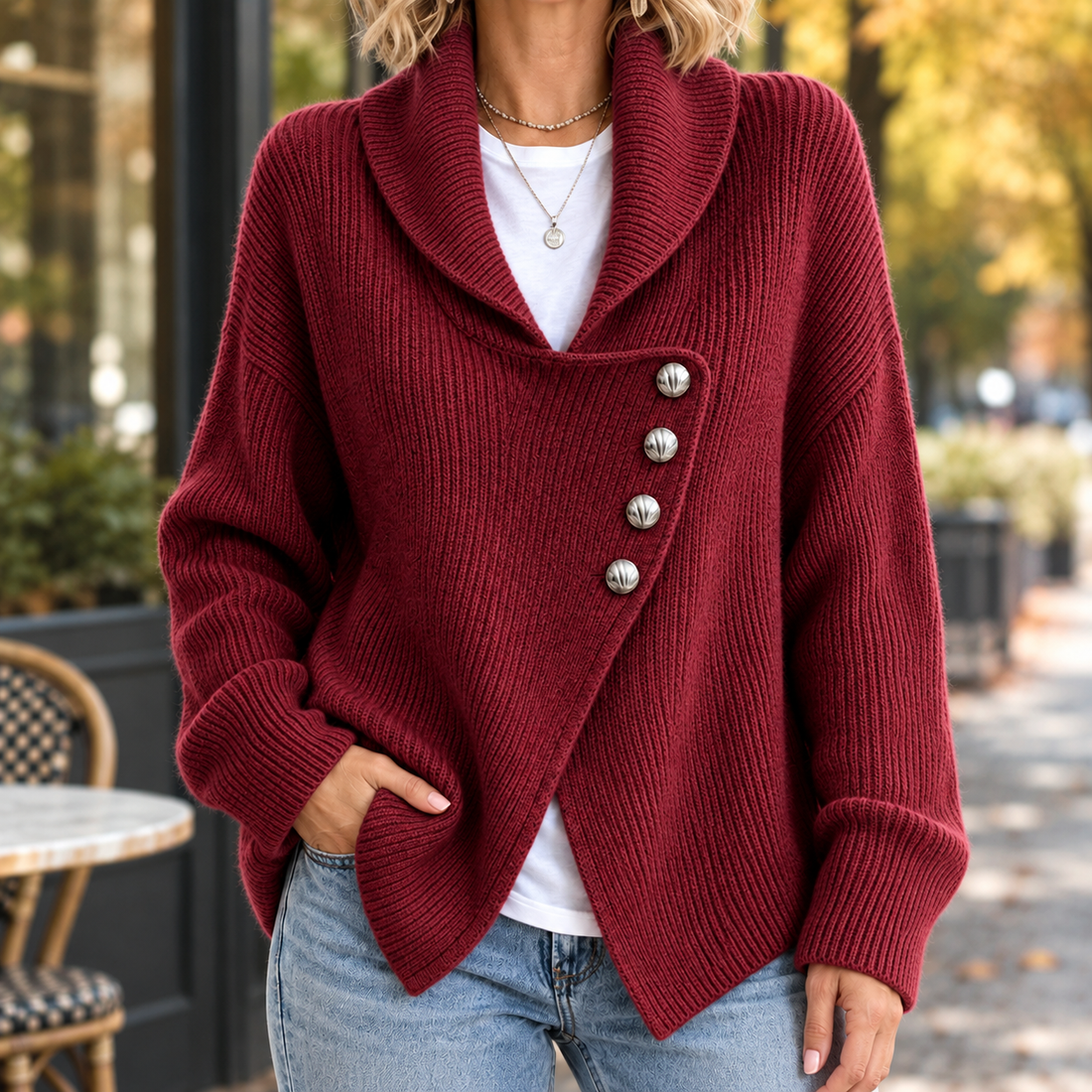 Elowen-Jane Asymmetric Knit Cardigan - Red
