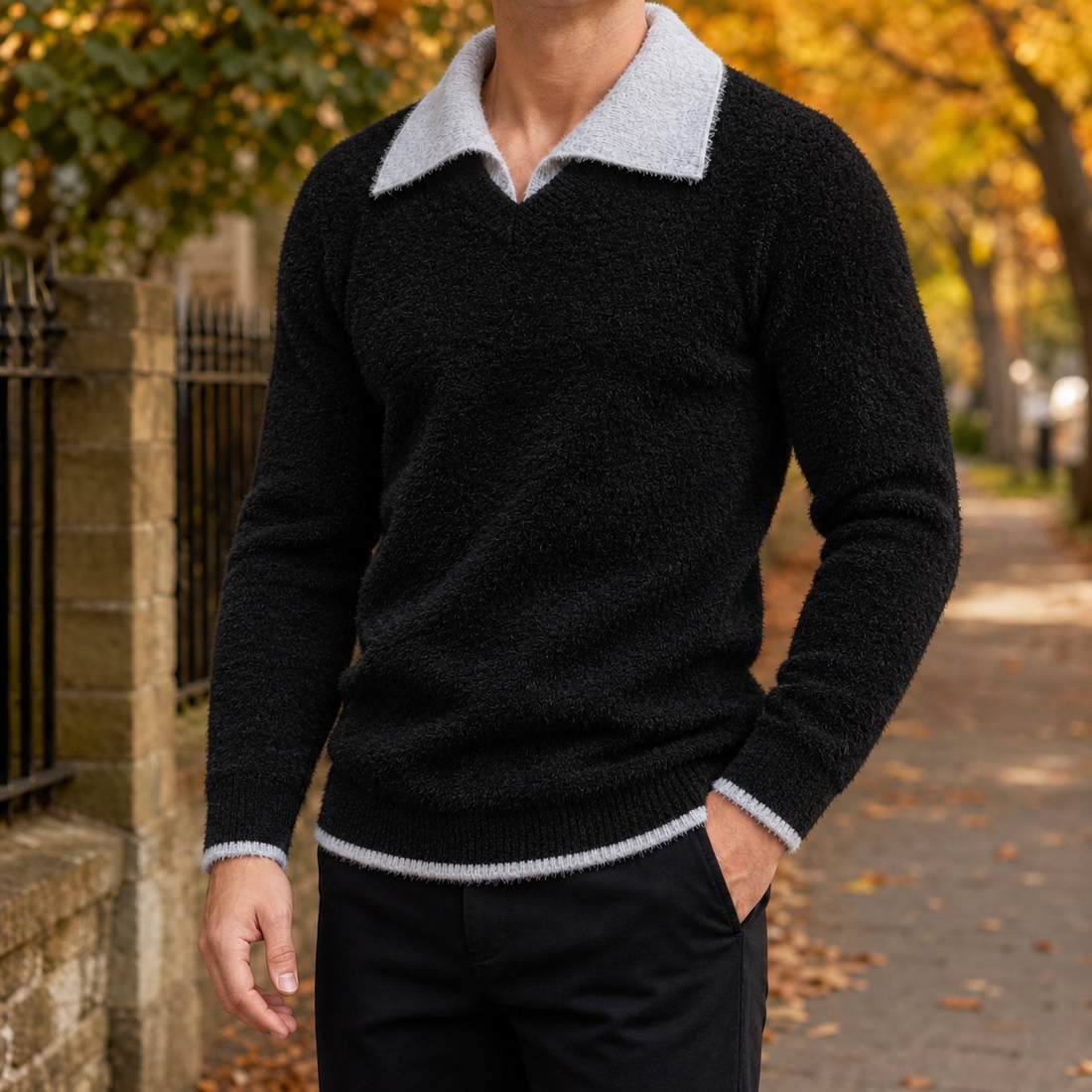 Mason-Dean Contrast Collar Sweater - Black