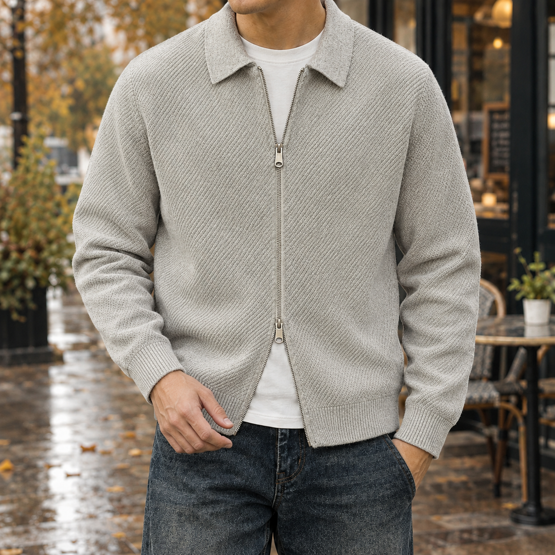 Lancelot-Grey Textured Zip Jacket - Light Gray