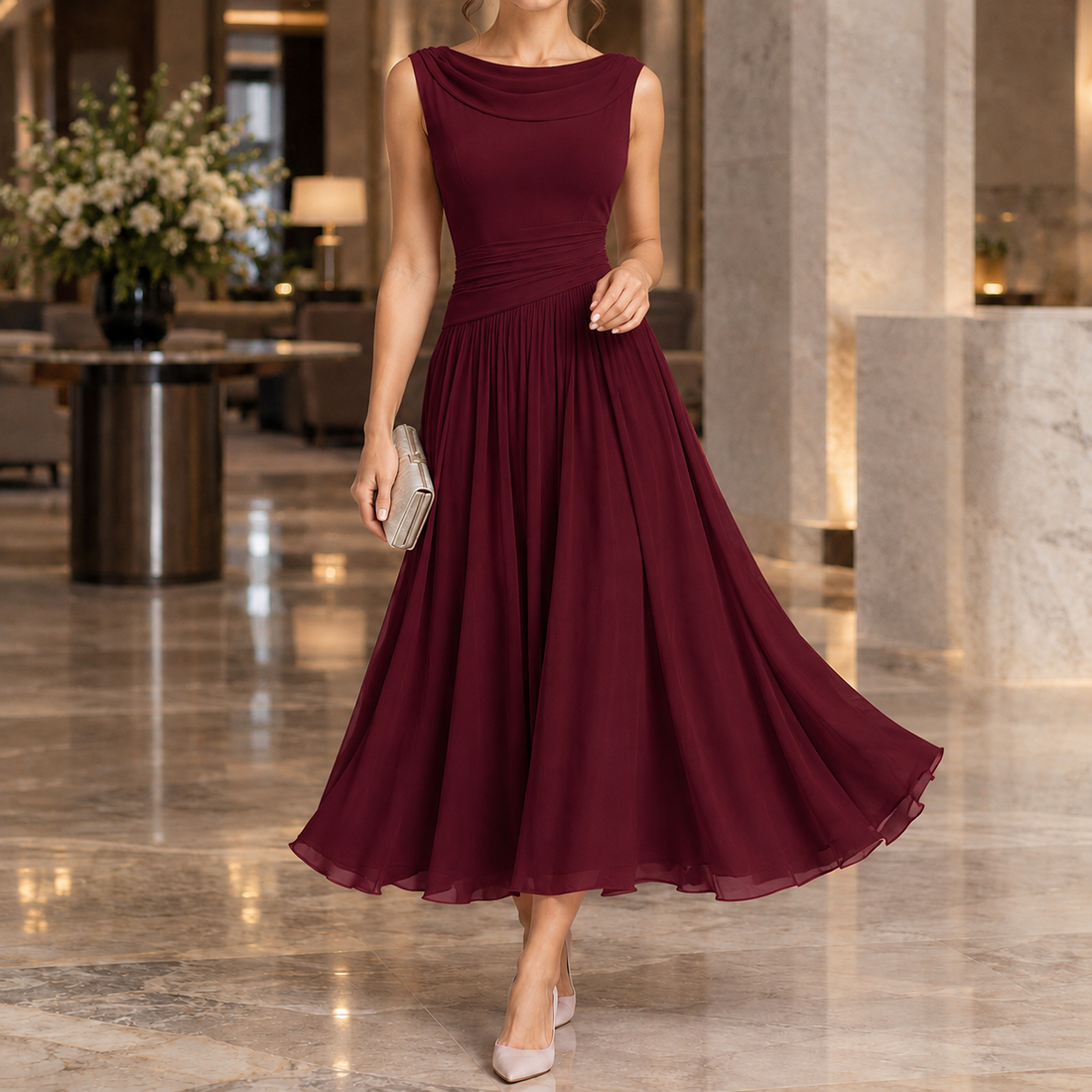 Calla-Grace Draped Midi Dress - Red