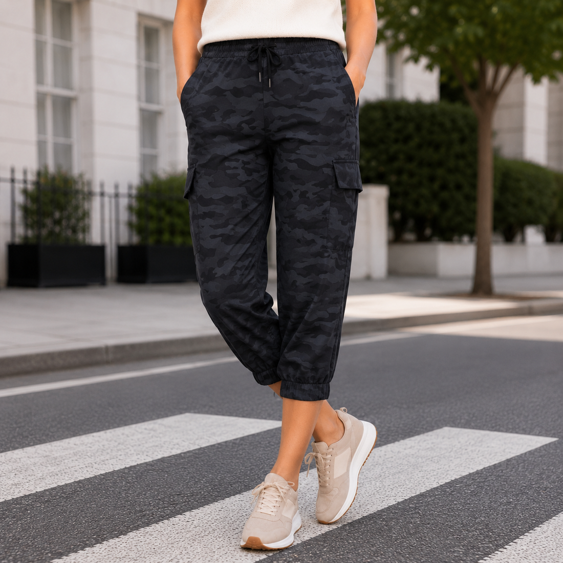 Florence-Kate Cropped Cargo Joggers - Black Camo