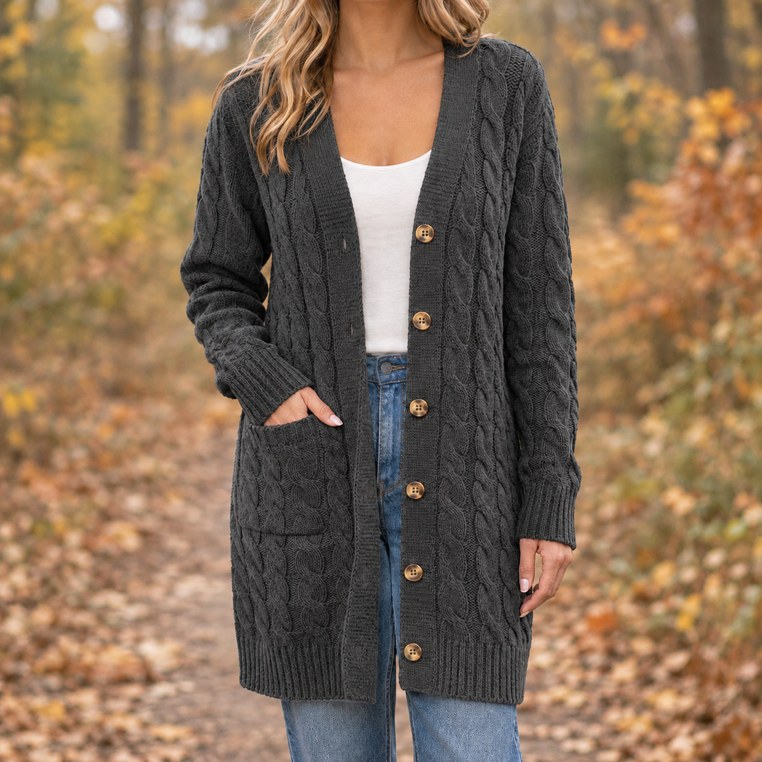 Mina-Marie Cable Knit Cardigan - Dark Gray