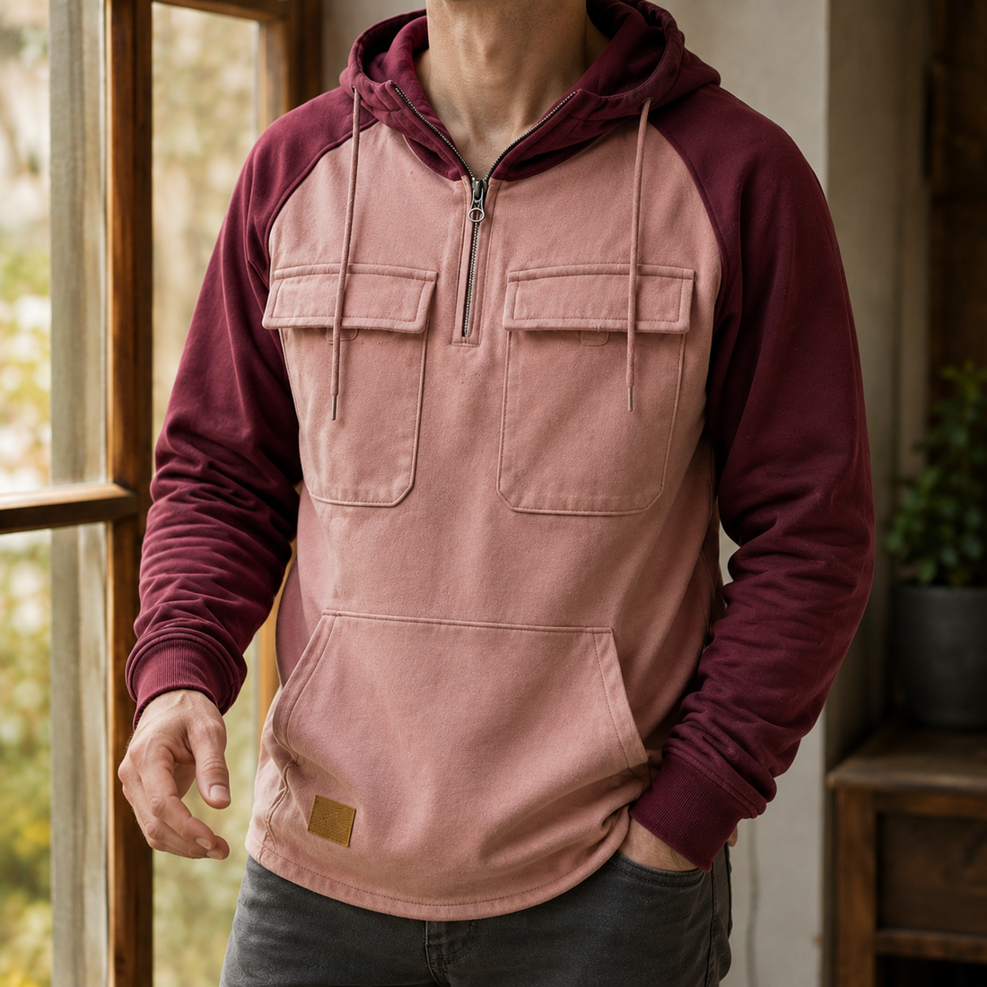 Callum-Grey Utility Hoodie - Pink