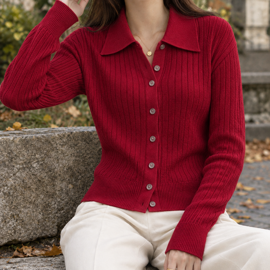 Etta-Jade Ribbed Cardigan - Red