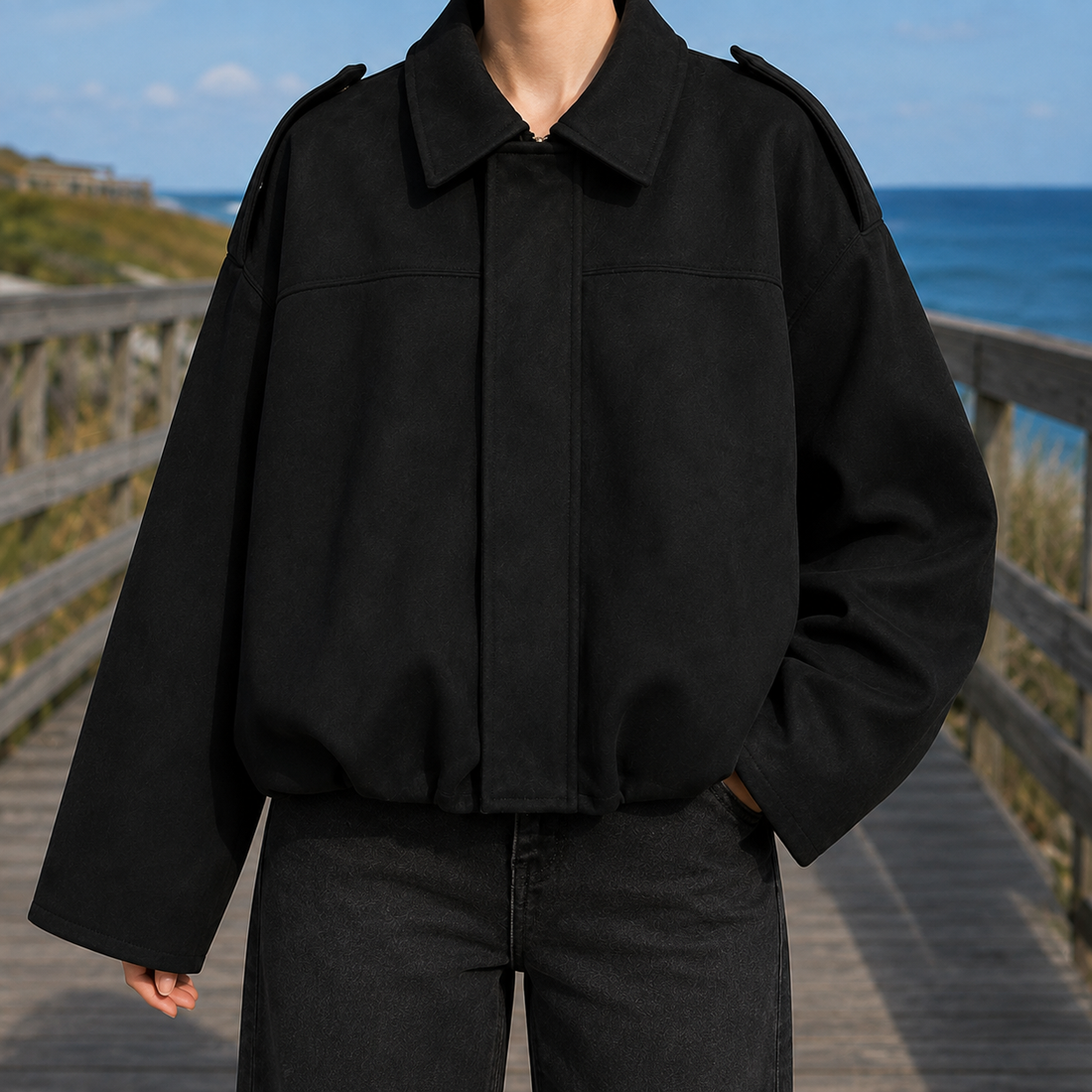 Bernadette-Skye Suede Bomber Jacket - Black