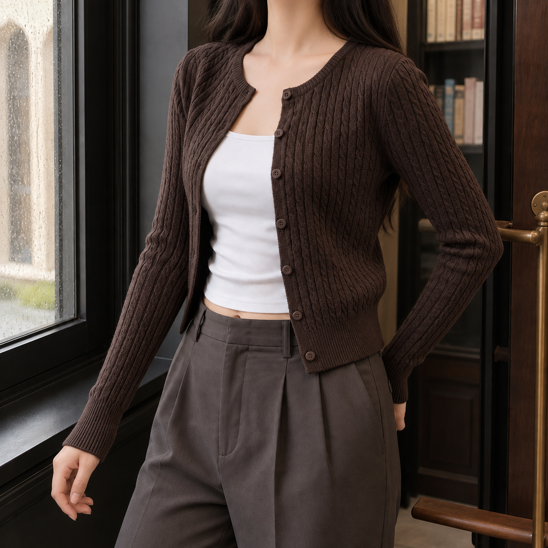 Gwendolen-Lane Cable Knit Cardigan - Brown