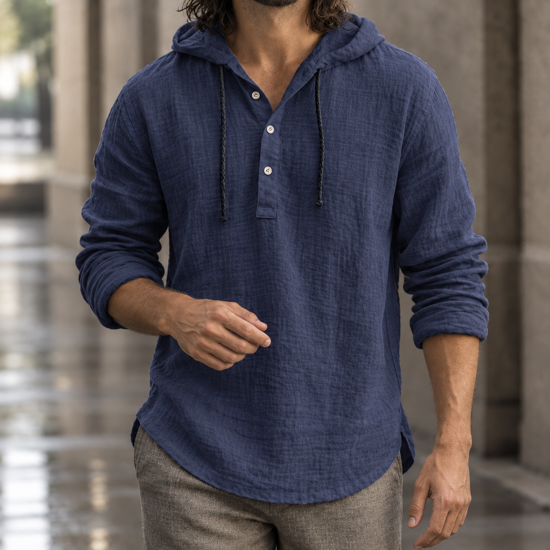 Bradley-Tate Hooded Henley - Navy Blue
