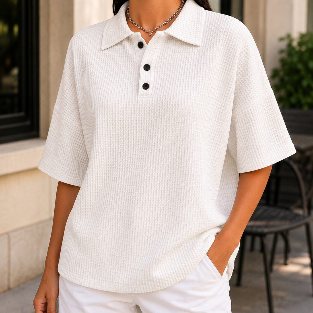 Isabeau Waffle Polo - White