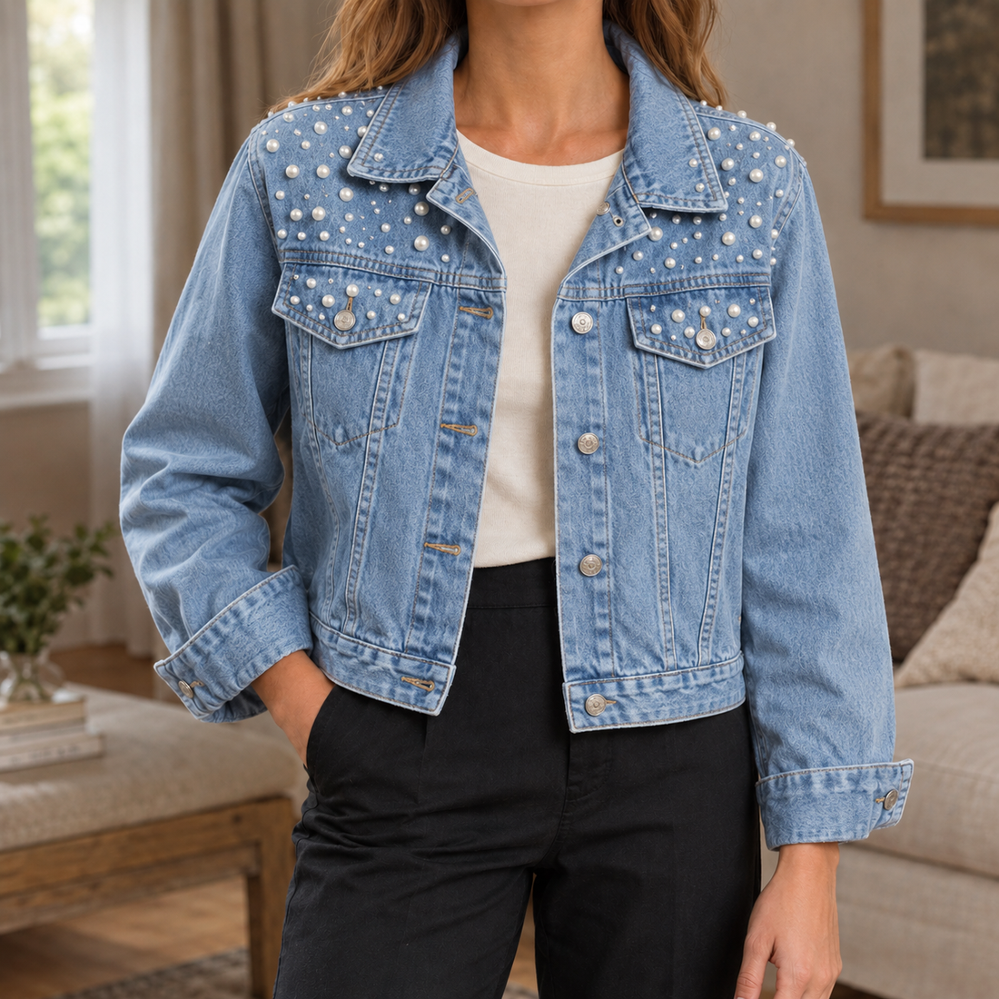 Annabelle-Jade Pearl Denim Jacket - Light Blue