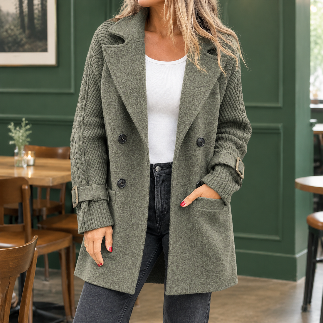 Romy-Eve Mixed Texture Coat - Green