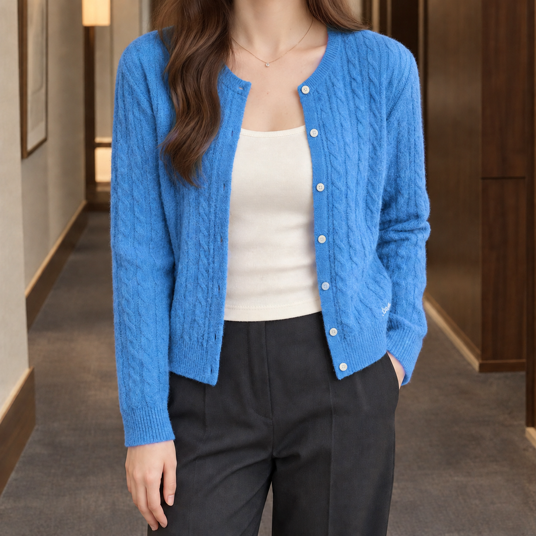 Caitlin-Lane Cable Knit Cardigan - Blue