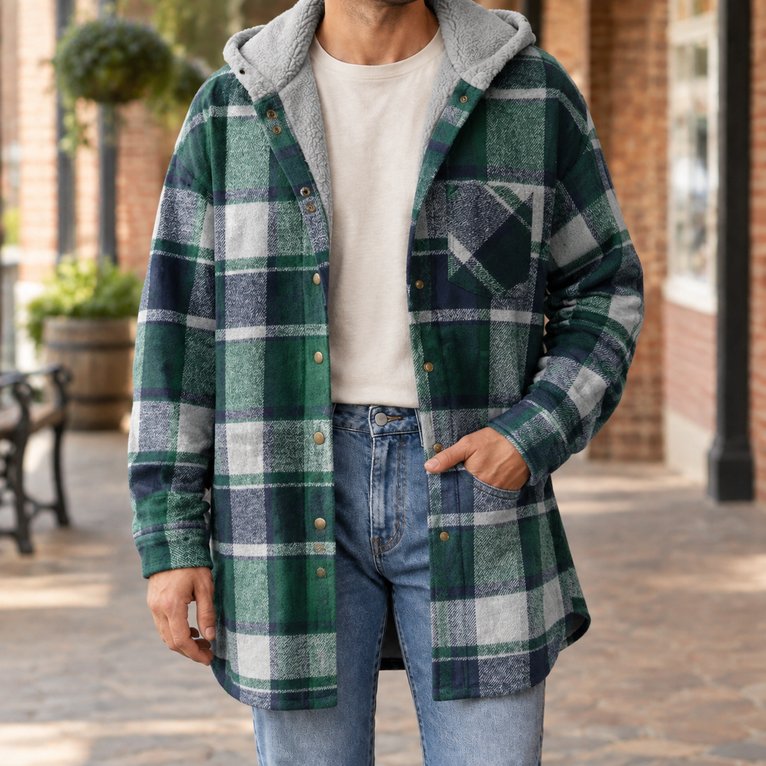 Fabian-Wren Hooded Plaid Jacket - Green