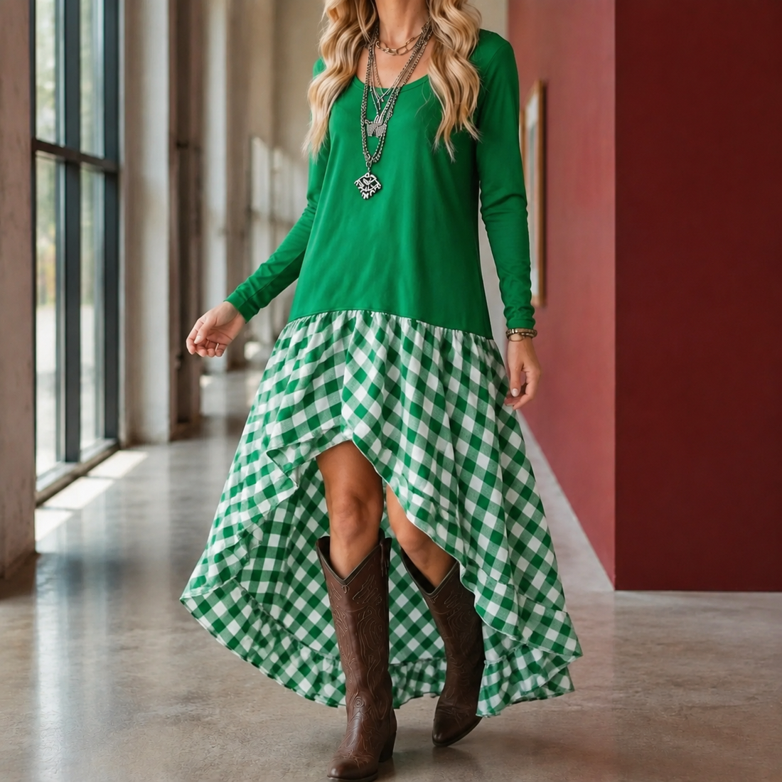 Camille-Eve Gingham Maxi Dress - Green
