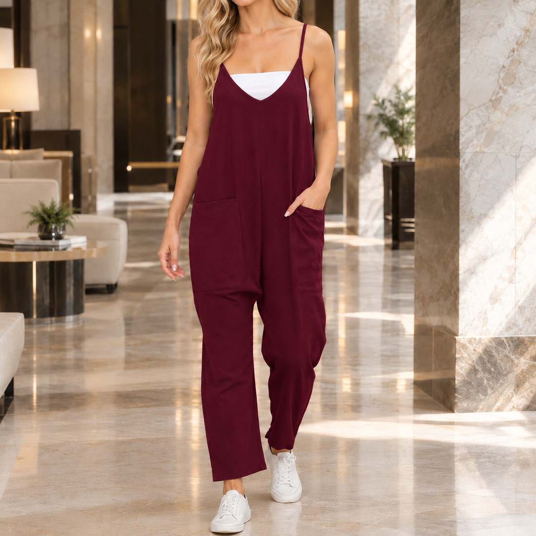 Winifred V Neck Jumpsuit - Wine Red
