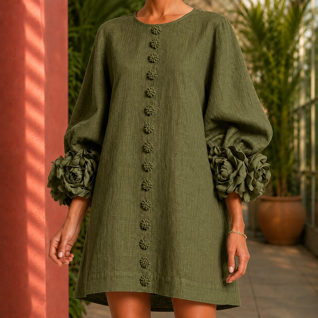 Ariadne Floral Cuff Dress - Olive Green