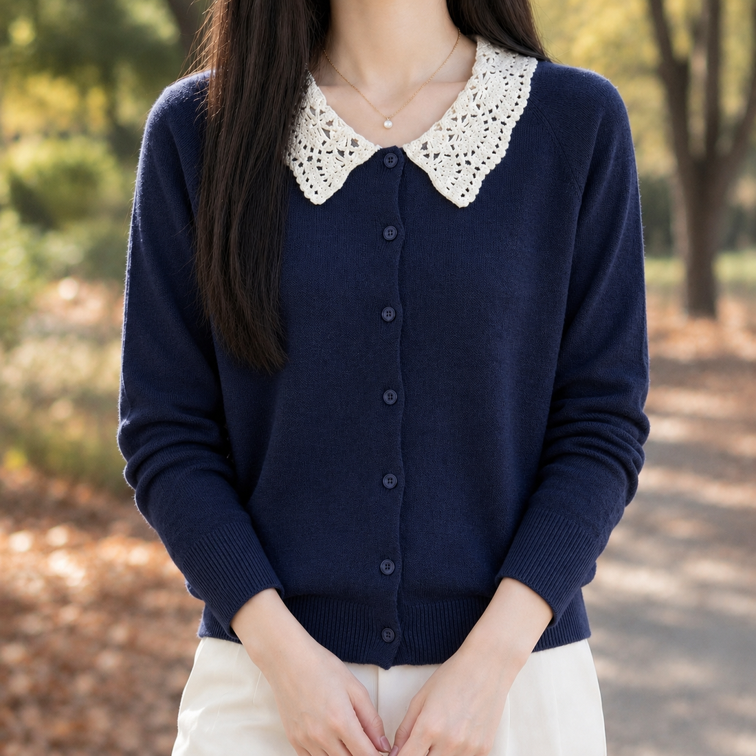 Chloe-Mae Lace Collar Cardigan - Navy