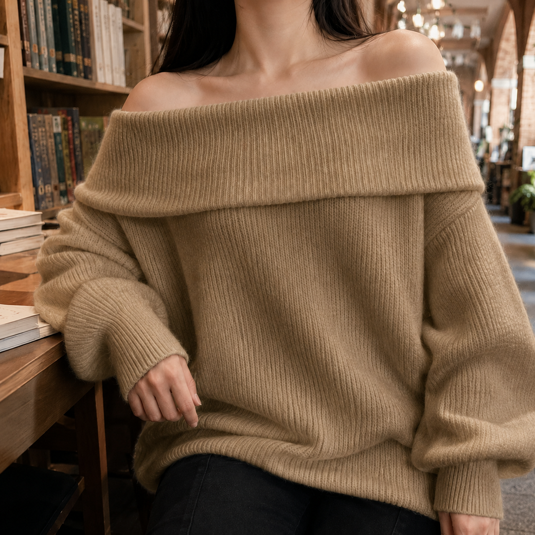 Blanche Off-Shoulder Sweater - Khaki