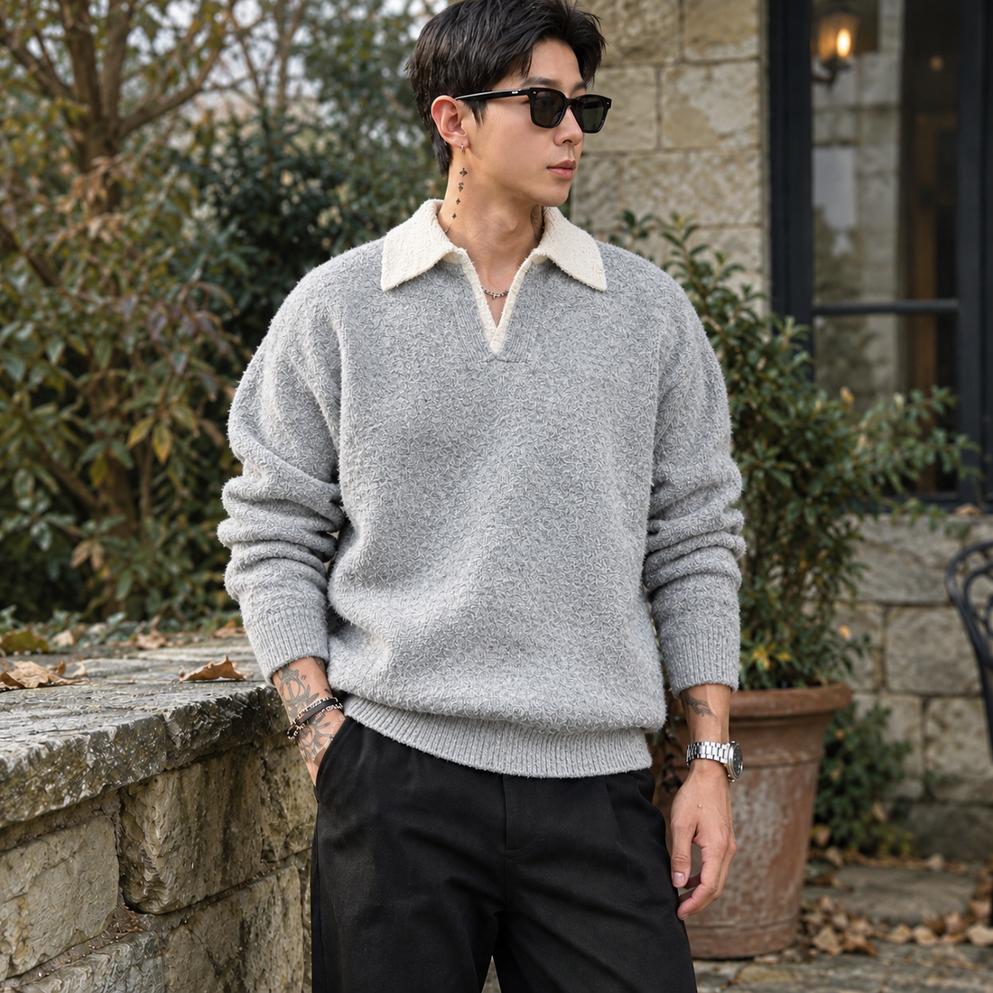 Orson-Cole Contrast Collar Sweater - Gray