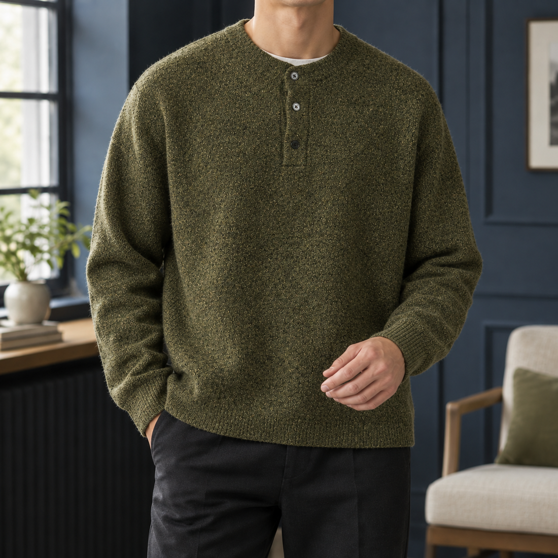 Louis-Wren Henley Sweater - Moss Green