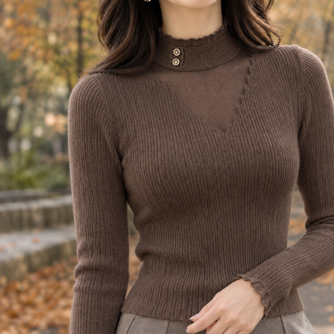 Adeline-Marie Sheer Yoke Sweater - Coffee