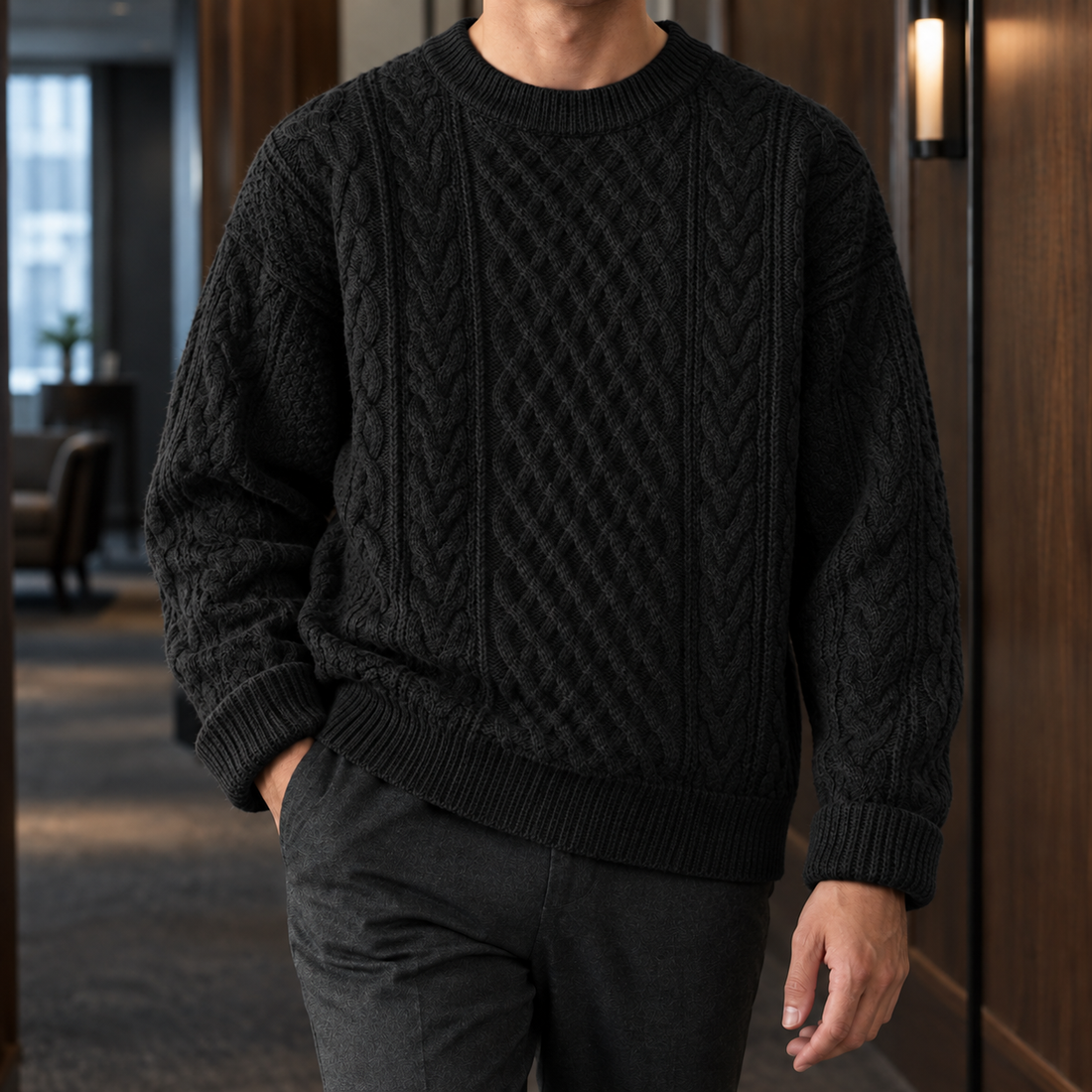 Holden-Hayes Cable Knit Sweater - Black Crew Neck