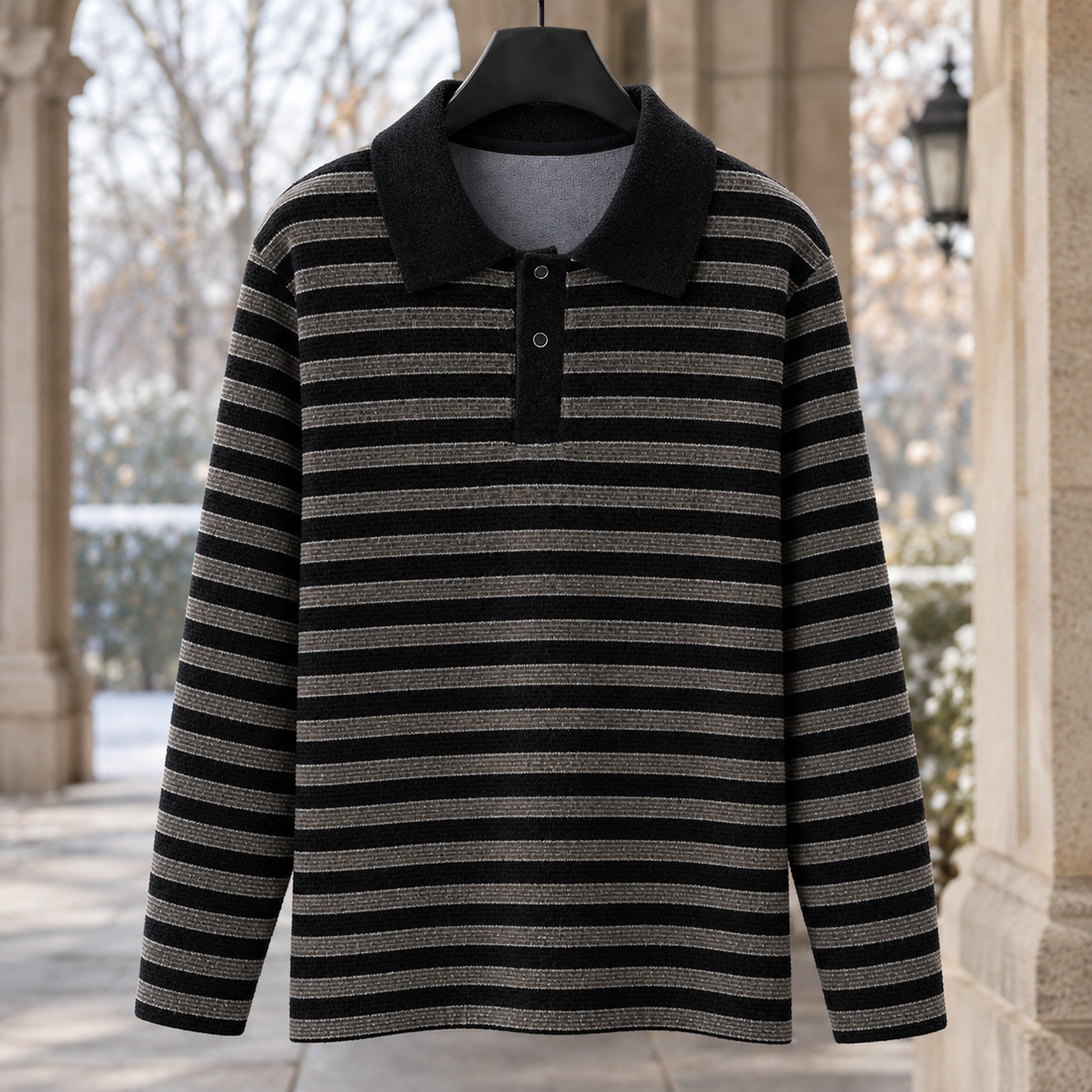 Ryan-Grey Striped Polo Sweater - Black