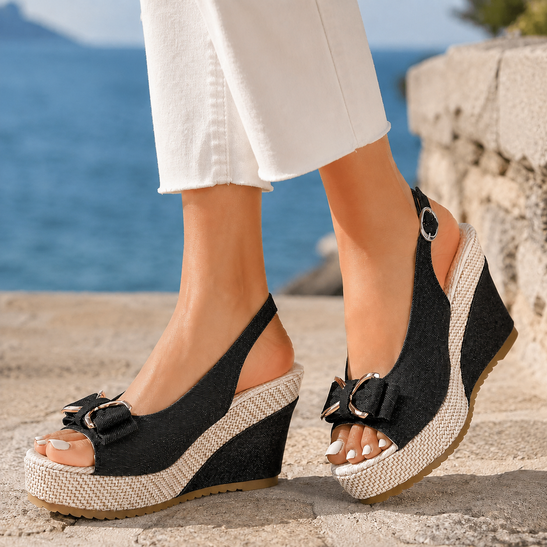 Orvieto Denim Wedge Sandals - Black