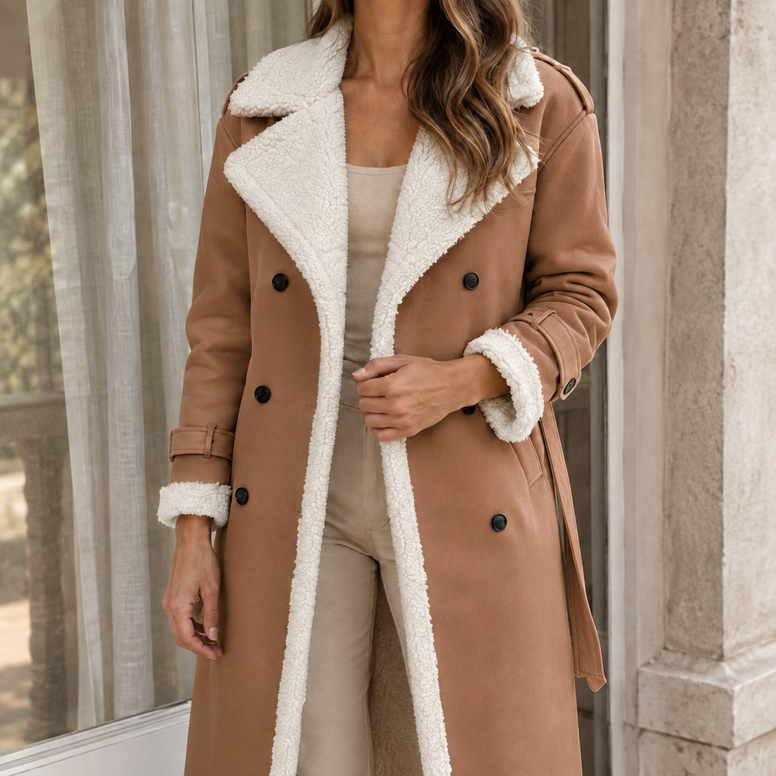 Soledad-Louise Shearling Trim Coat - Bronze