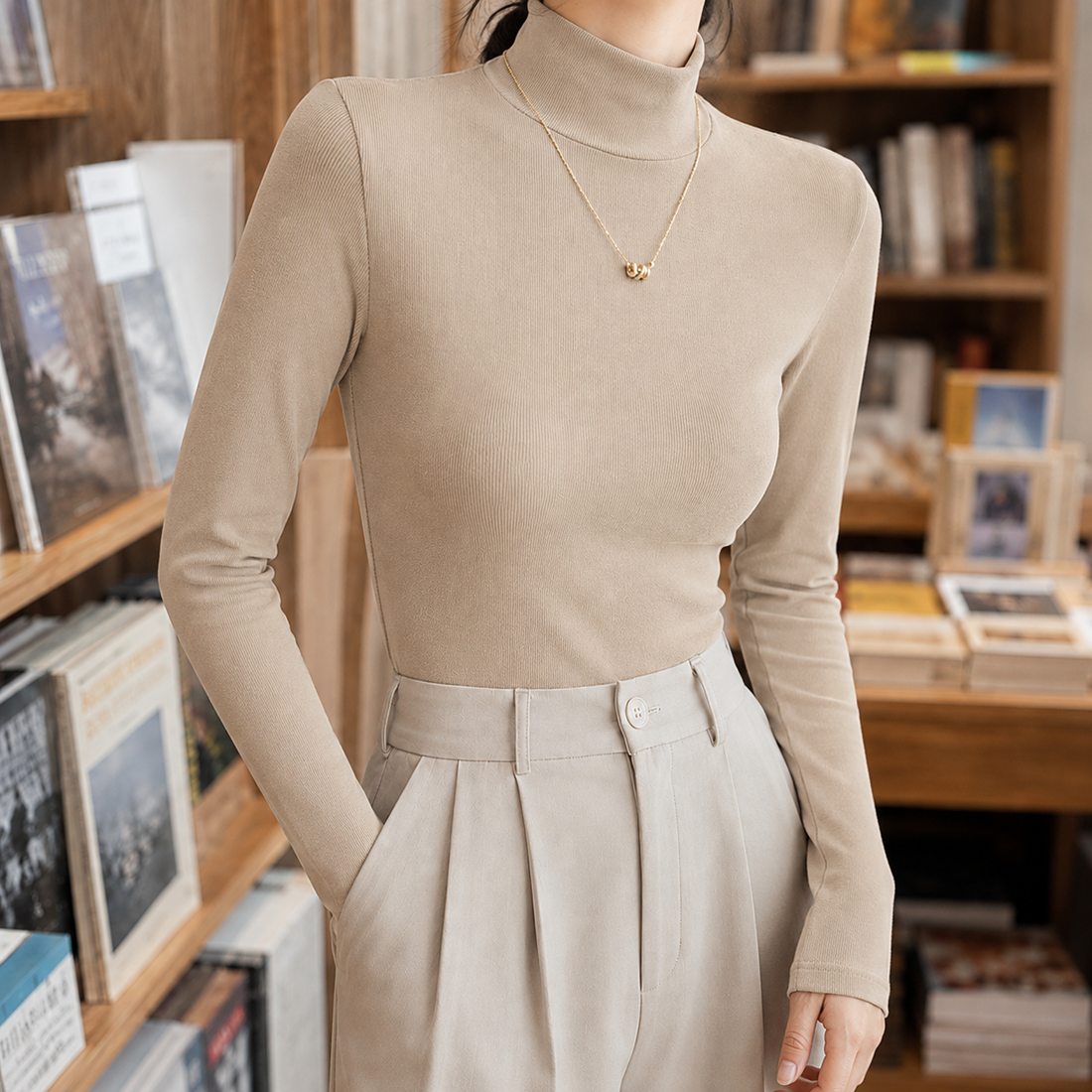 Alina Mock Neck Top - Khaki