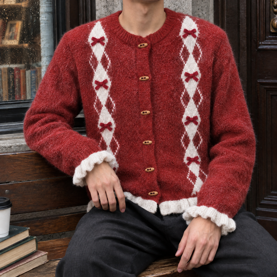 Jasper-Stone Bow Cardigan - Red