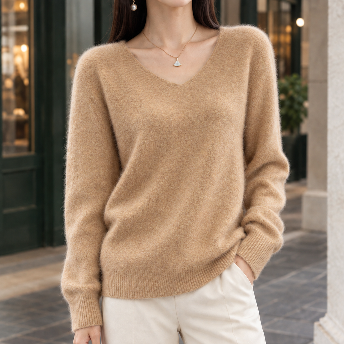 Imogen-Mae V Neck Wool Sweater - V-neck Golden Camel