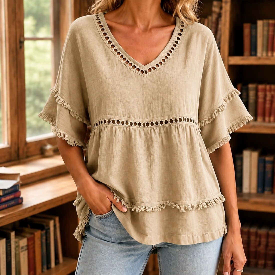 Astrid-Grace V-Neck Blouse - Khaki
