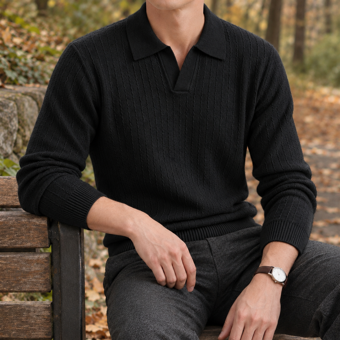 Balthasar-Grey Textured Polo Sweater - Black