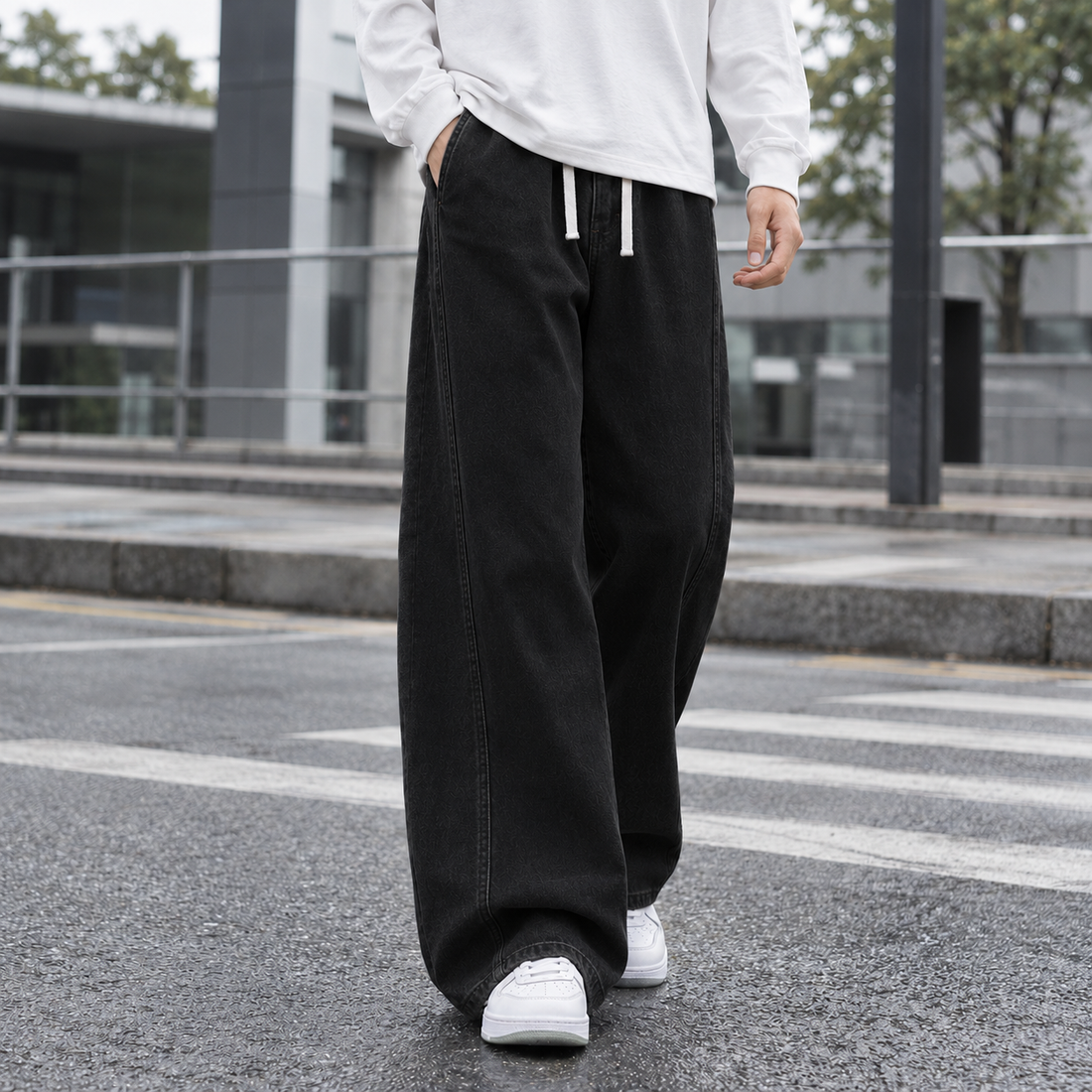 Nicodemus-Stone Relaxed Wide Leg Pants - Black