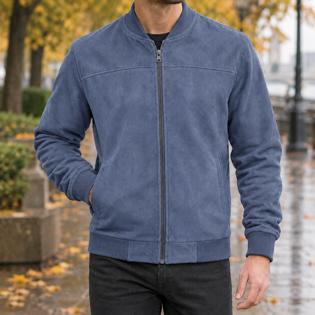 Rufus-Grey Suede Bomber Jacket - Navy Blue