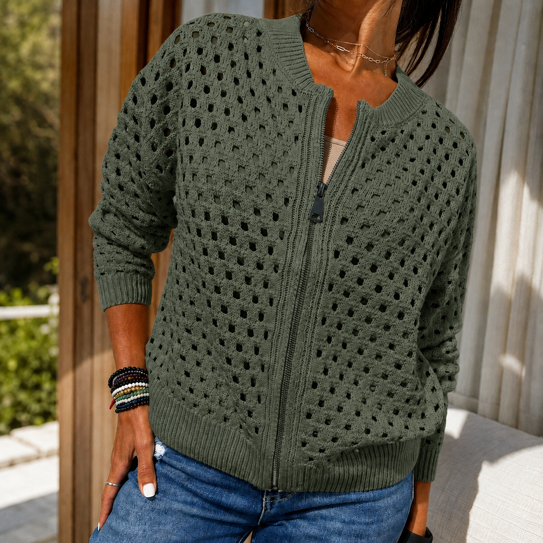 Renata-Louise Open Knit Cardigan - Green