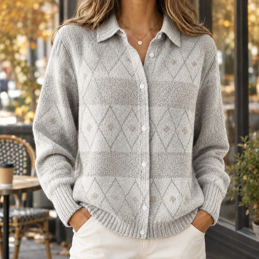 Gillian-Claire Collared Knit Cardigan - Light Gray Argyle