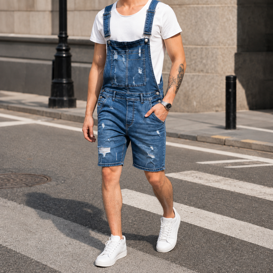 Caleb Distressed Denim Overalls - Blue