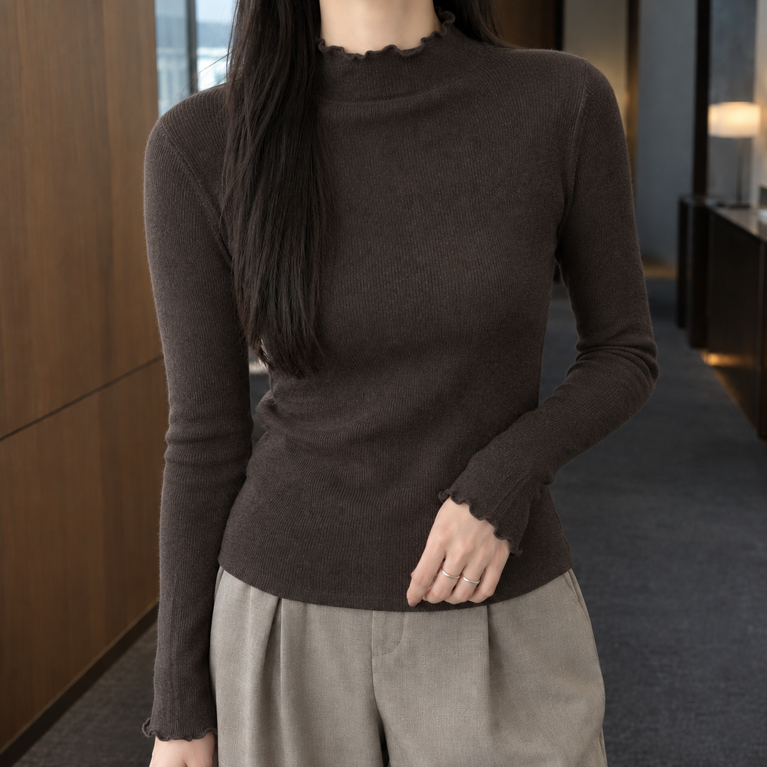 Cerys-Hope Ruffle Neck Sweater - Dark Coffee