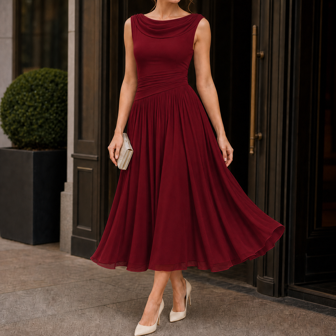 Verity Draped Midi Dress - Red
