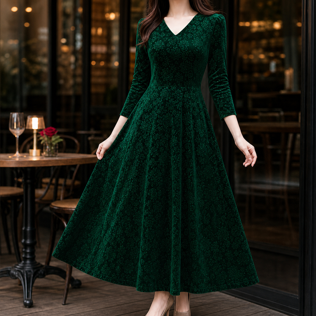 Juliet-June Embossed Maxi Dress - Dark Green