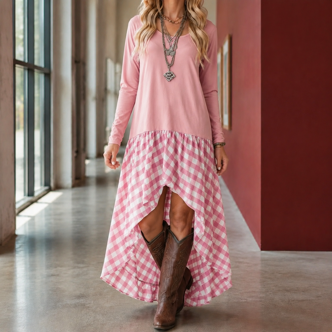 Camille-Eve Gingham Maxi Dress - Pink